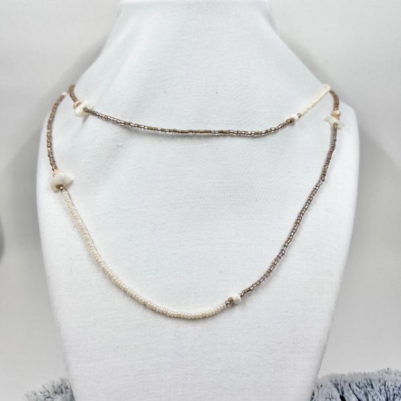 Up-Cycled - Simple Cream & Brown Seed Bead 48”Necklace - Picture 3 of 6